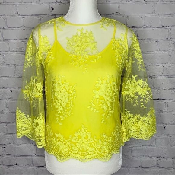 Nanette Lepore Yellow lace sheer top - Picture 2 of 10
